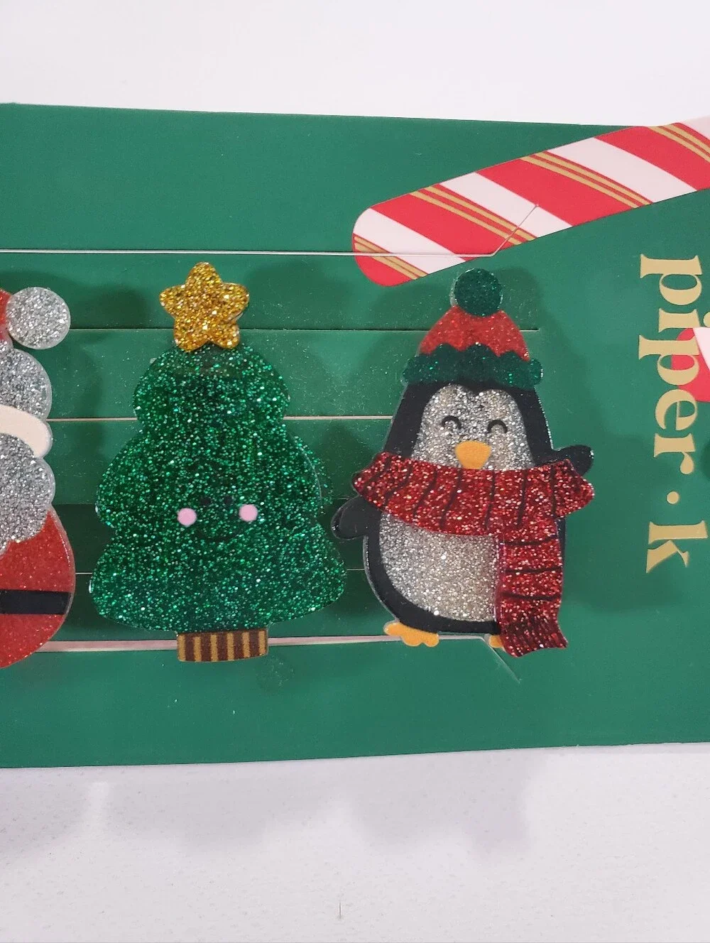 🟢 Piper K Christmas Hair Clips Holiday Glitter Character Set NWT Reindeer Santa